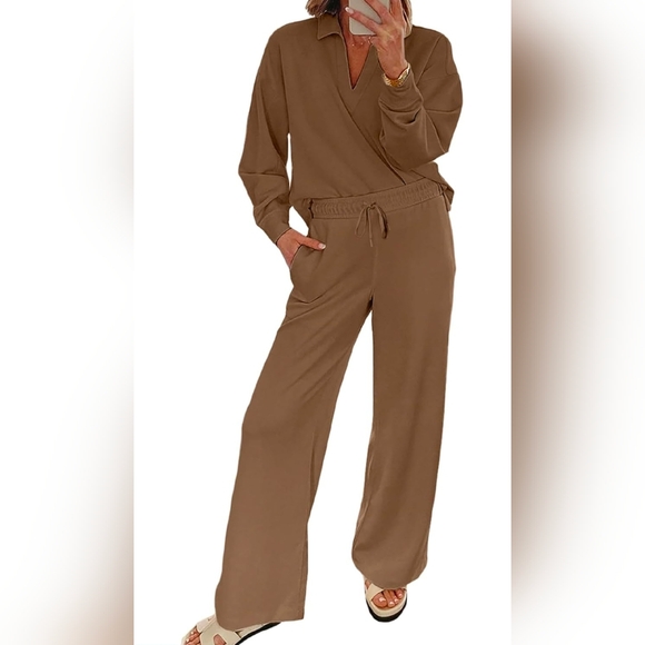 2-Piece Lounge Set: Coffee Brown V-Neck Top and Wide Leg Pants - Picture 2 of 9